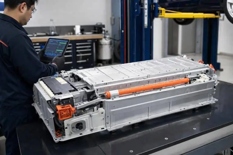 Аккумуляторная батарея NiMH для гибридного автомобиля Honda Accord на верстаке в мастерской во время оценки стоимости замены.