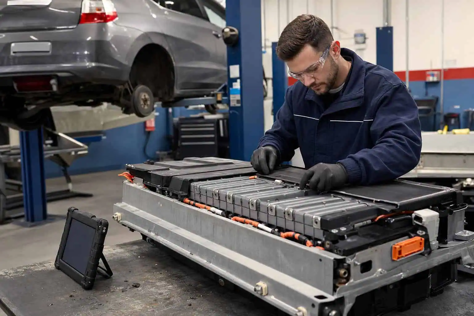 Technik kontroluje vyjmutý hybridní trakční NiMH akumulátor během výměny hybridní baterie v dílně