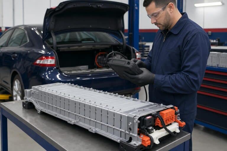 レクサス用の新しいニッケル水素ハイブリッドバッテリーパックが整備工場の作業台に置かれ、技術者が診断スキャンツールを使用している。