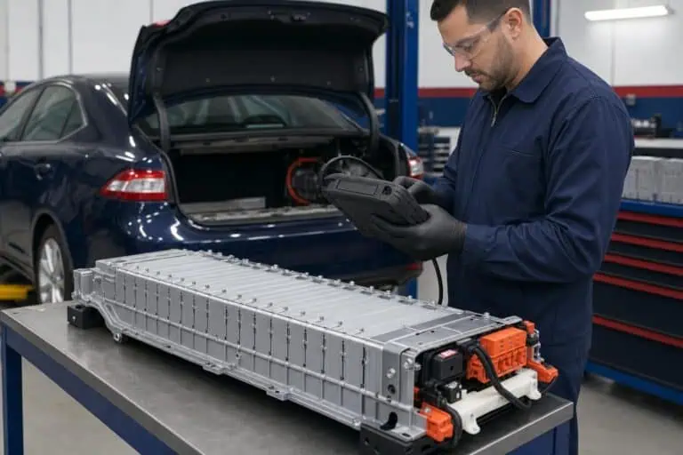 New NiMH hybrid battery pack for a Lexus on a workshop bench with a technician using a diagnostic scan tool
