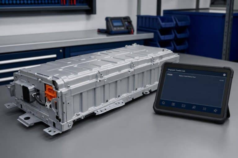 診断タブレットの横にある作業場の作業台の上に置かれた、トヨタ・カムリのハイブリッド用NiMHバッテリー交換パック(OEM仕様新品)