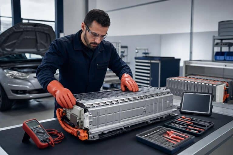 専門家による交換評価中に、技術者がホンダ シビック ハイブリッドの IMA バッテリーパックを検査している。