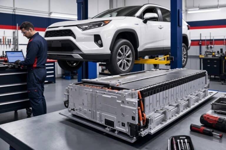 RAV4ハイブリッドバッテリーパックは、交換作業中に持ち上げられたRAV4の横にある作業台の上で取り外された。