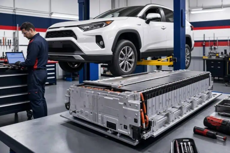 RAV4 hybrid battery pack removed on a workshop bench beside a lifted RAV4 during replacement