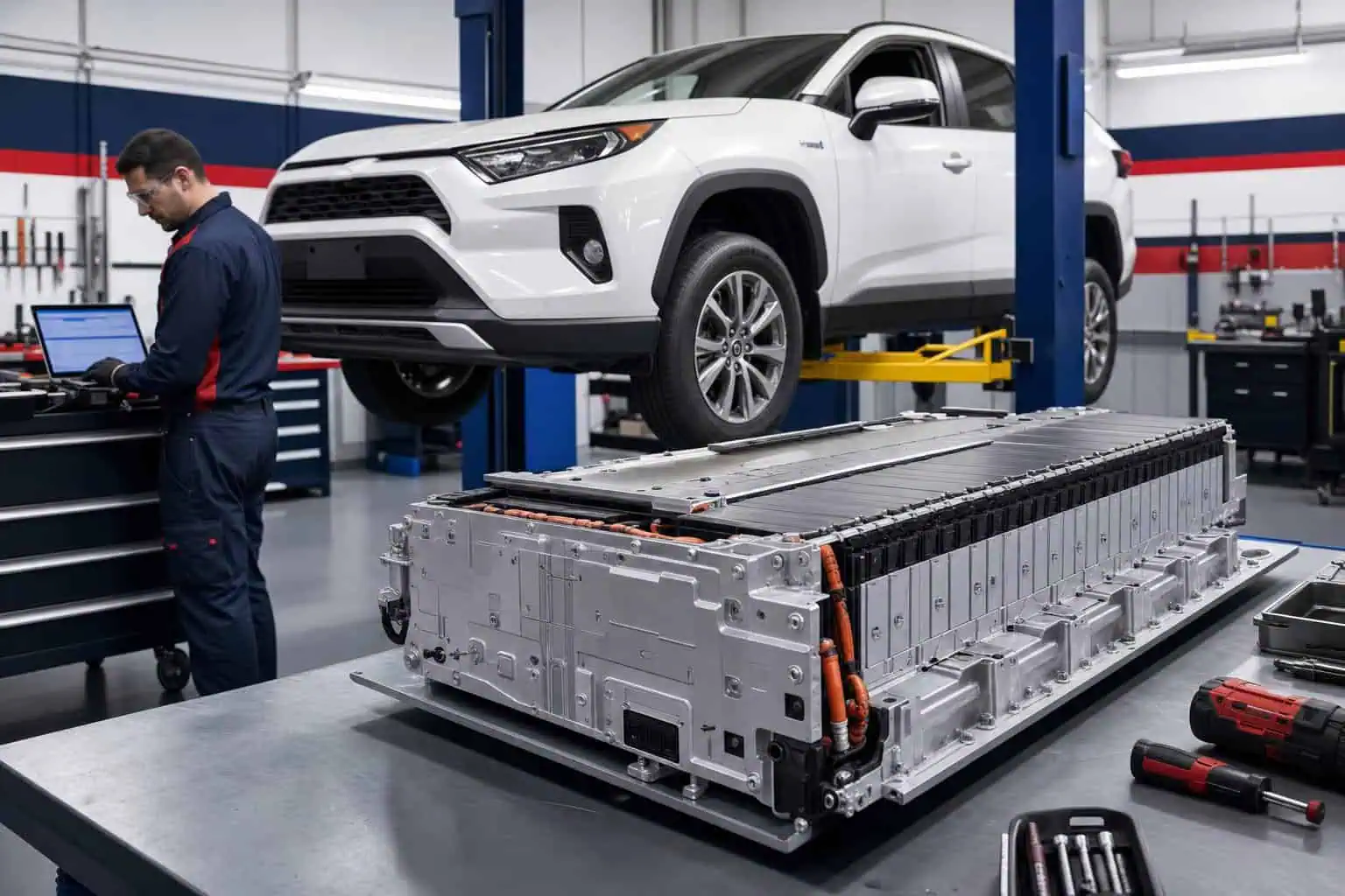 Аккумуляторная батарея гибридного RAV4 демонтирована на верстаке в мастерской рядом с приподнятым RAV4 во время замены.