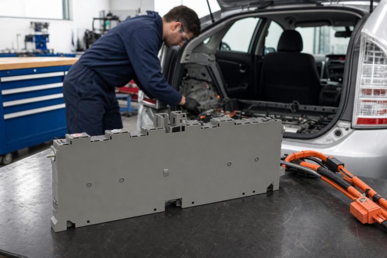 Neuer NiMH-Hybridakku in Erstausrüsterqualität für einen Toyota Prius Gen 2 (Baujahr 2007) auf einer Werkbank