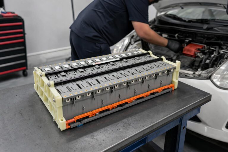 Neuer NiMH-Hybrid-Traktionsakku in Erstausrüsterqualität für einen Toyota Prius der 3. Generation (Baujahr 2010), dargestellt auf neutralem Hintergrund.