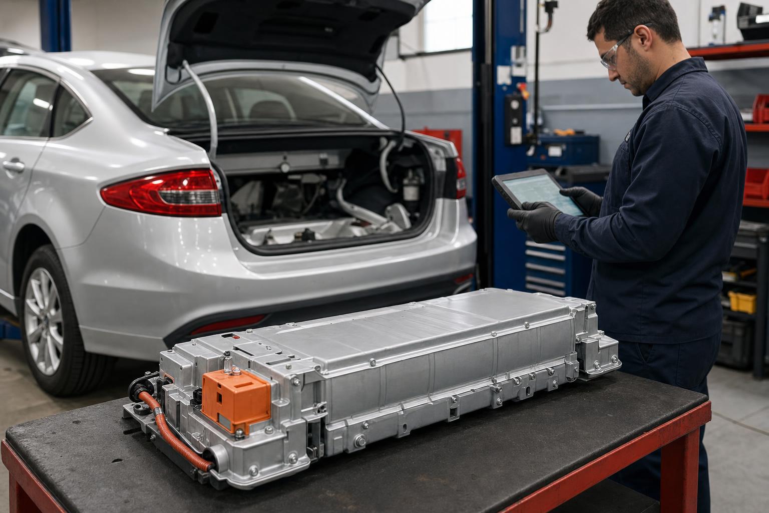 Techniker untersucht einen ausgebauten NiMH-Hochvoltakku aus einem Ford Fusion Hybrid im Rahmen einer Kostenabschätzung für einen Batteriewechsel