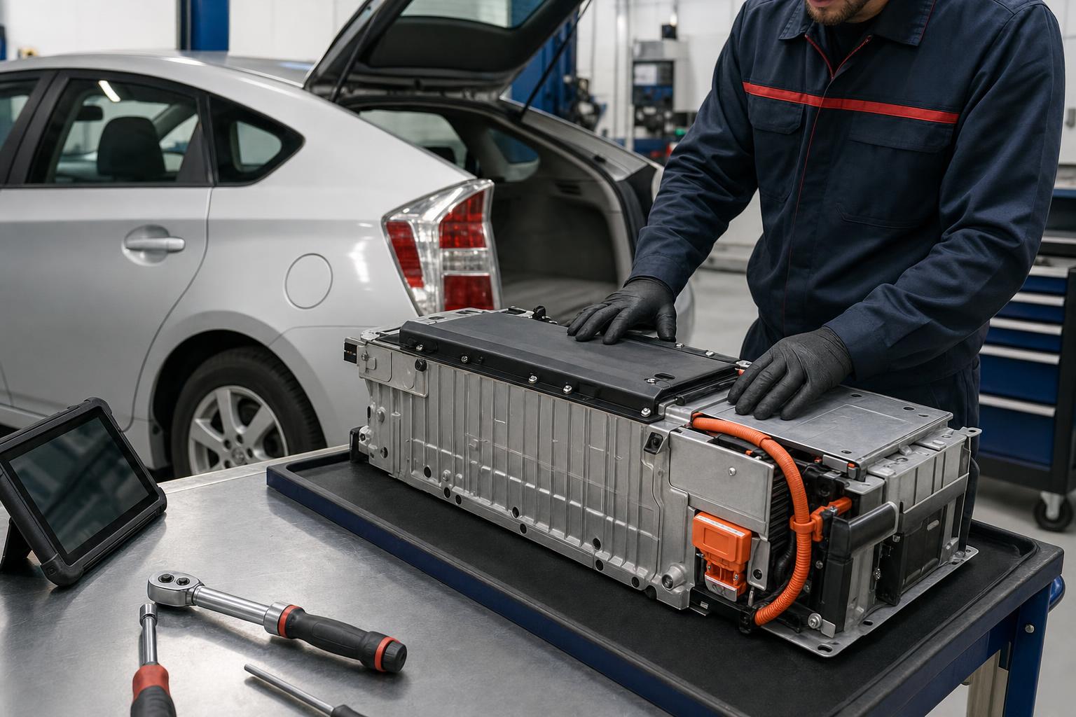 Ein Techniker untersucht auf einer Werkbank einen aus einem Honda Civic Hybrid ausgebauten NiMH-IMA-Hybridakku.