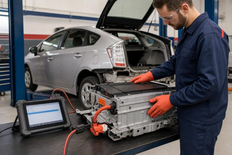 Technician inspecting a Prius hybrid NiMH battery pack with a diagnostic scan tool showing P0A80