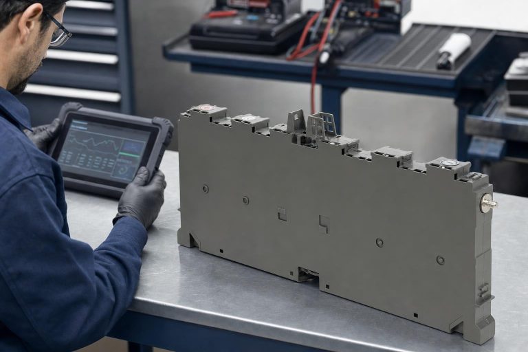 Toyota Camry Hybrid NiMH-Hochvolt-Akkupack auf einem Werkstatttisch mit Diagnose-Tablet zum Kostenvergleich