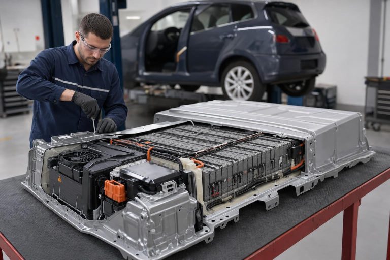 Hybrid battery traction pack showing NiMH modules, bus bars and cooling ducts on a workshop surface