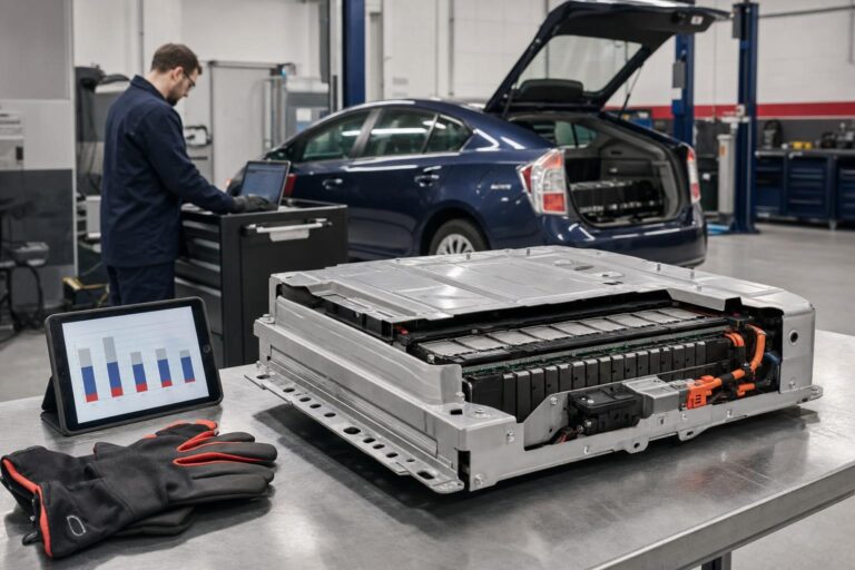 Hybrid high-voltage NiMH battery pack on a workshop bench beside a cost comparison chart