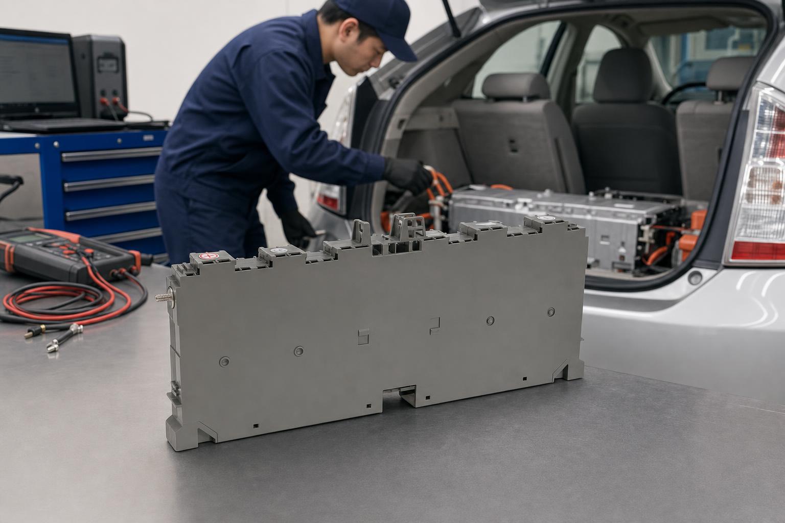 New OEM-spec NiMH hybrid traction battery pack for a Toyota Prius on a neutral studio background