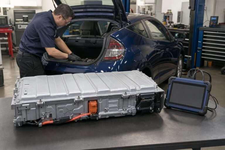Neuer NiMH-IMA-Hybridakku in Erstausrüsterqualität für einen Honda CR-Z (Baujahre 2010–2012) auf einem Prüfstand mit Diagnosegerät