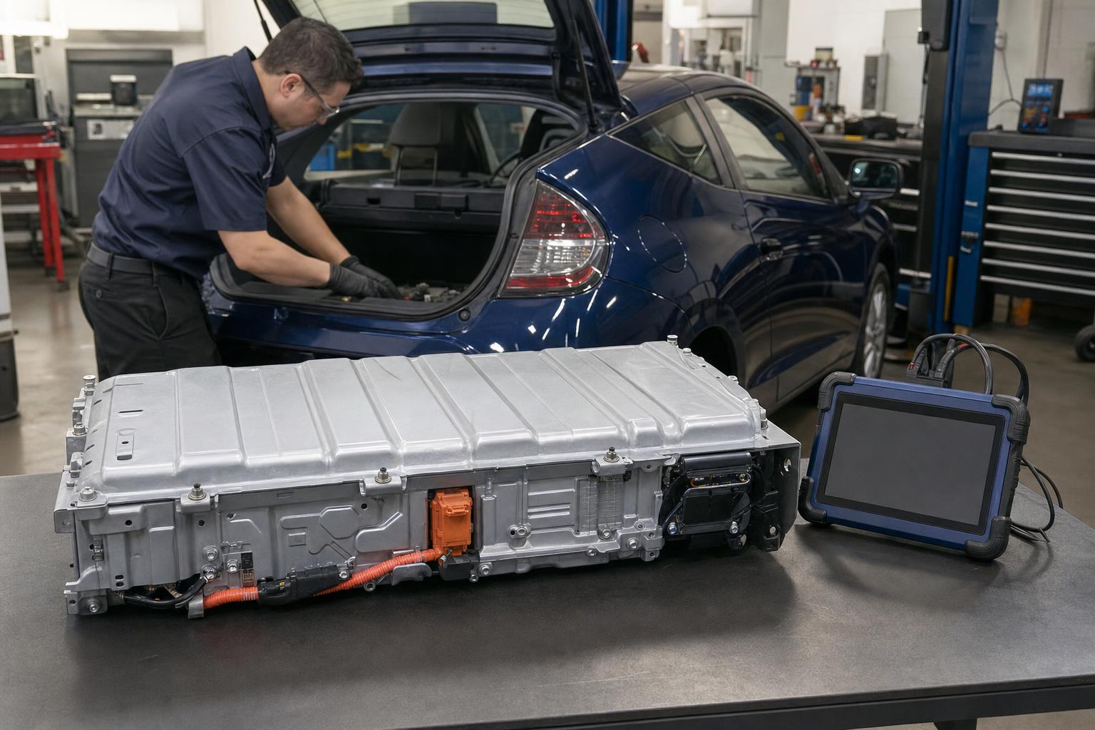 Neuer NiMH-IMA-Hybridakku in Erstausrüsterqualität für einen Honda CR-Z (Baujahre 2010–2012) auf einem Prüfstand mit Diagnosegerät