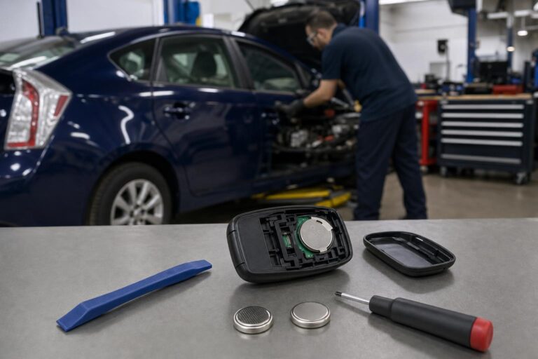 Öffnen Sie den Toyota Prius-Schlüsselanhänger, bei dem die Lithium-Knopfzelle ausgetauscht wird, mit einem Hebelwerkzeug und einem Schraubendreher.
