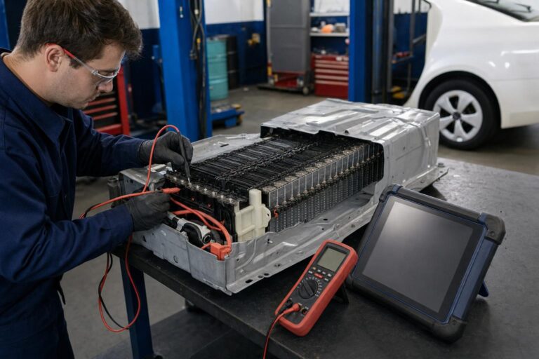 Geöffneter Prius NiMH-Hochvolt-Akkupack mit 7,2-V-Modulen, durchgeführt mit einem Multimeter und einem Diagnosegerät zur Zellspannungsdiagnose