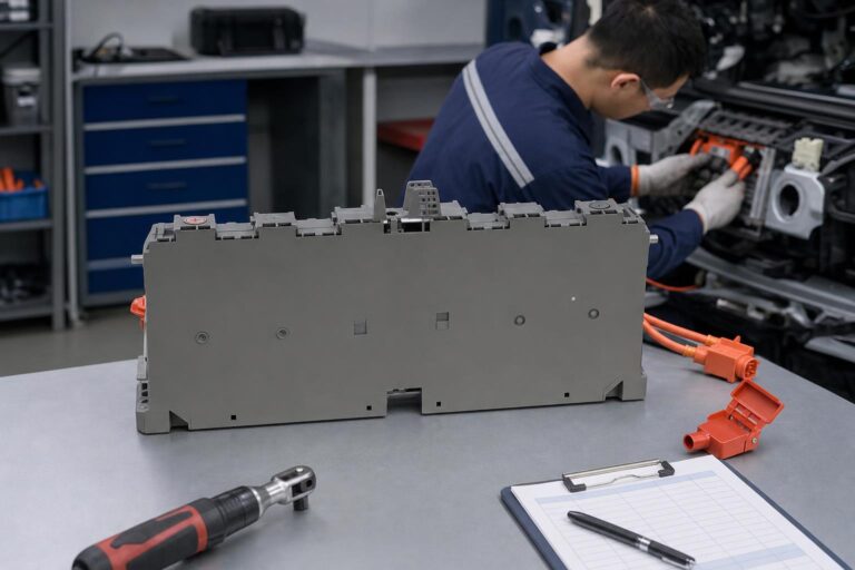 Toyota Aqua NHP10 NiMH hybrid battery pack on a workshop bench with pricing documentation