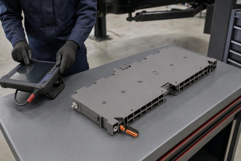 New OEM-spec NiMH hybrid battery pack for Toyota Crown replacement on a workshop bench with a diagnostic scan tool