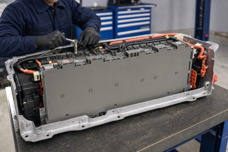 Toyota Prius NiMH-Hybrid-Hochvoltbatterie mit in Reihe geschalteten 7,2-V-Modulen und orangefarbener Hochspannungsverkabelung
